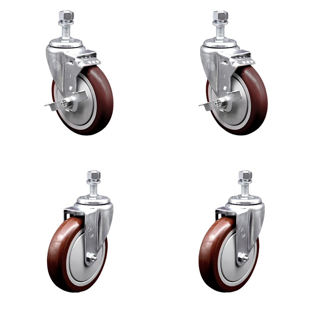 SCC-TS20S514-PPUB-MRN-TLB-121315-2-S-2 Polyurethane Swivel Threaded Stem Caster with 5 x 1.25 in. Maroon Wheels & 0.5 in. Stems - Set of 4