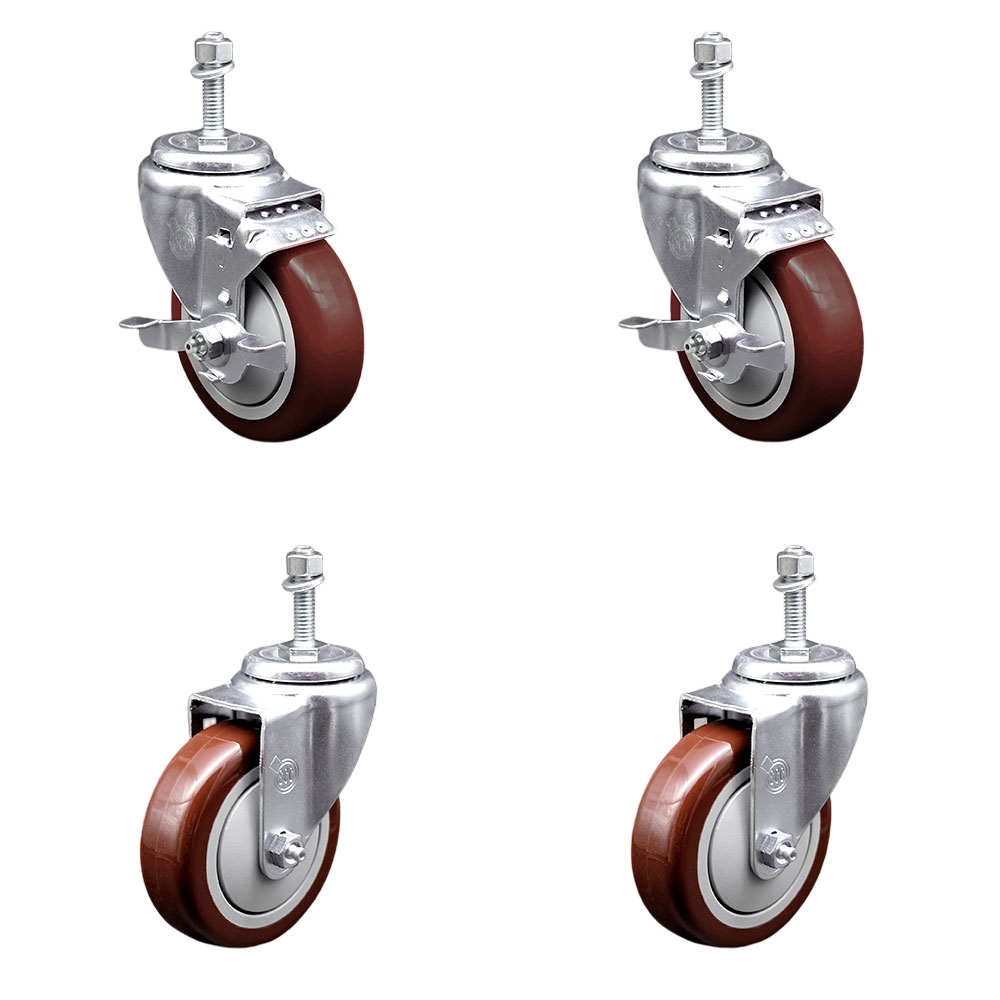 SCC-TS20S414-PPUB-MRN-TLB-381615-2-S-2 Polyurethane Swivel Threaded Stem Caster with 4 x 1.25 in. Maroon Wheels & 0.38 in. Stems - Set of 4