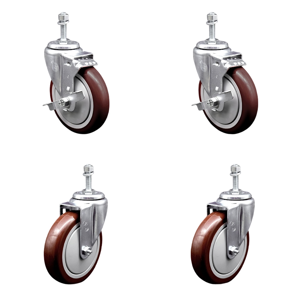 SCC-TS20S514-PPUB-MRN-TLB-381615-2-S-2 Polyurethane Swivel Threaded Stem Caster with 5 x 1.25 in. Maroon Wheels & 0.38 in. Stems - Set of 4