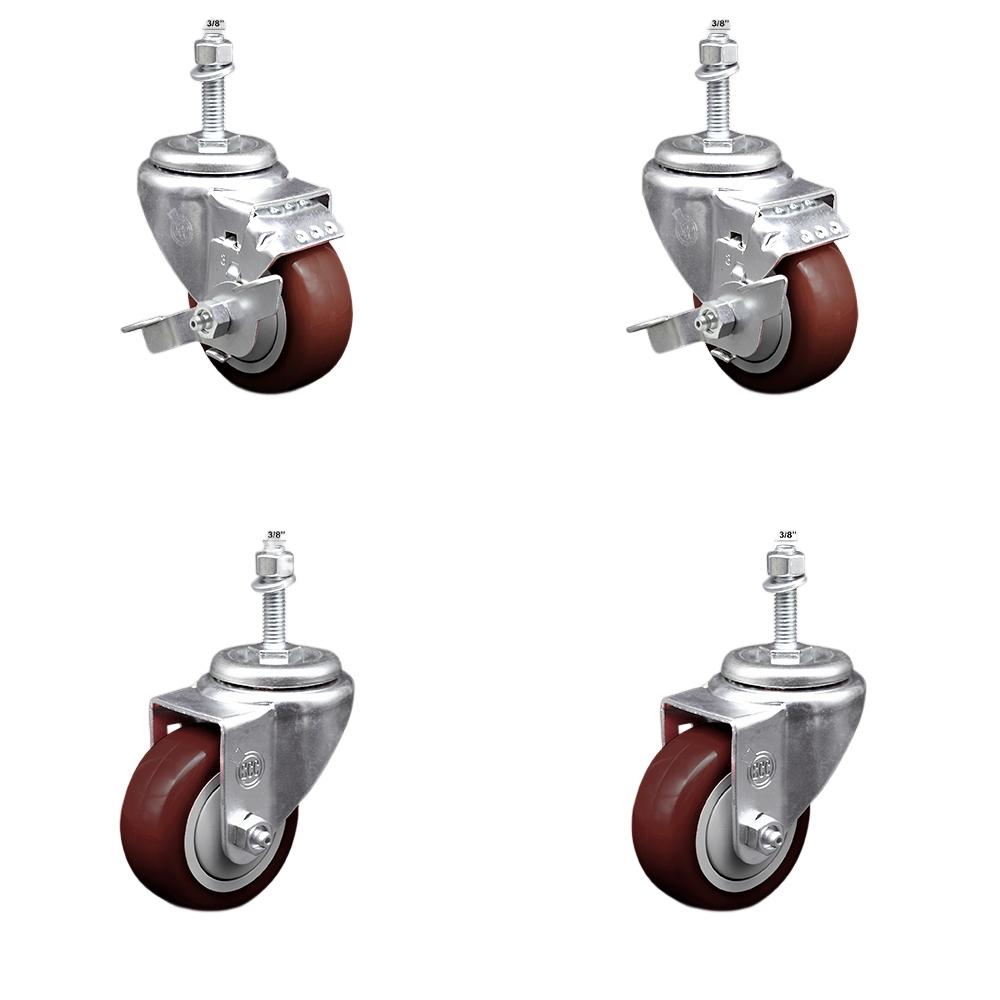 Stainless Steel Polyurethane Swivel Threaded Stem Caster with 3 x 1.25 in. Maroon Wheels & 0.38 in. Stems - Set of 4