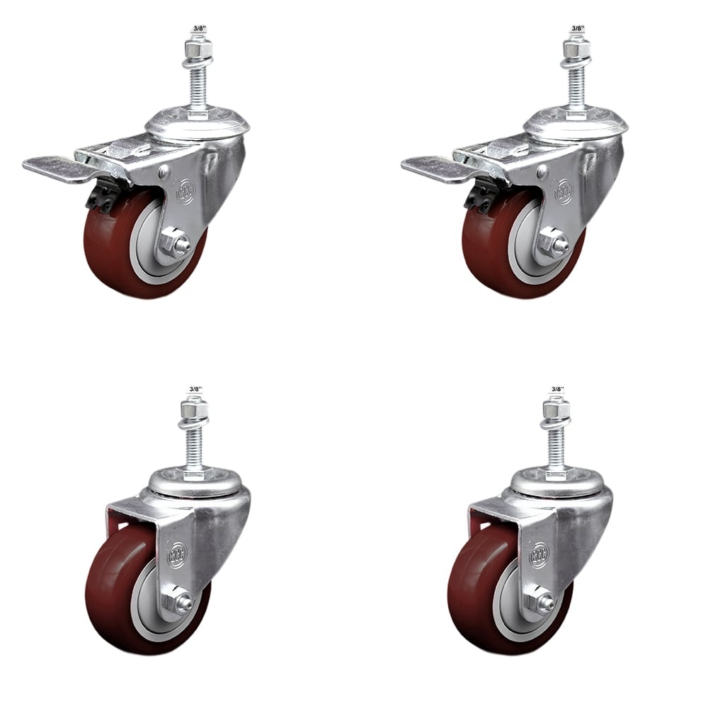 Stainless Steel Polyurethane Swivel Threaded Stem Caster with 3 x 1.25 in. Maroon Wheels & 0.38 in. Stems - Set of 4