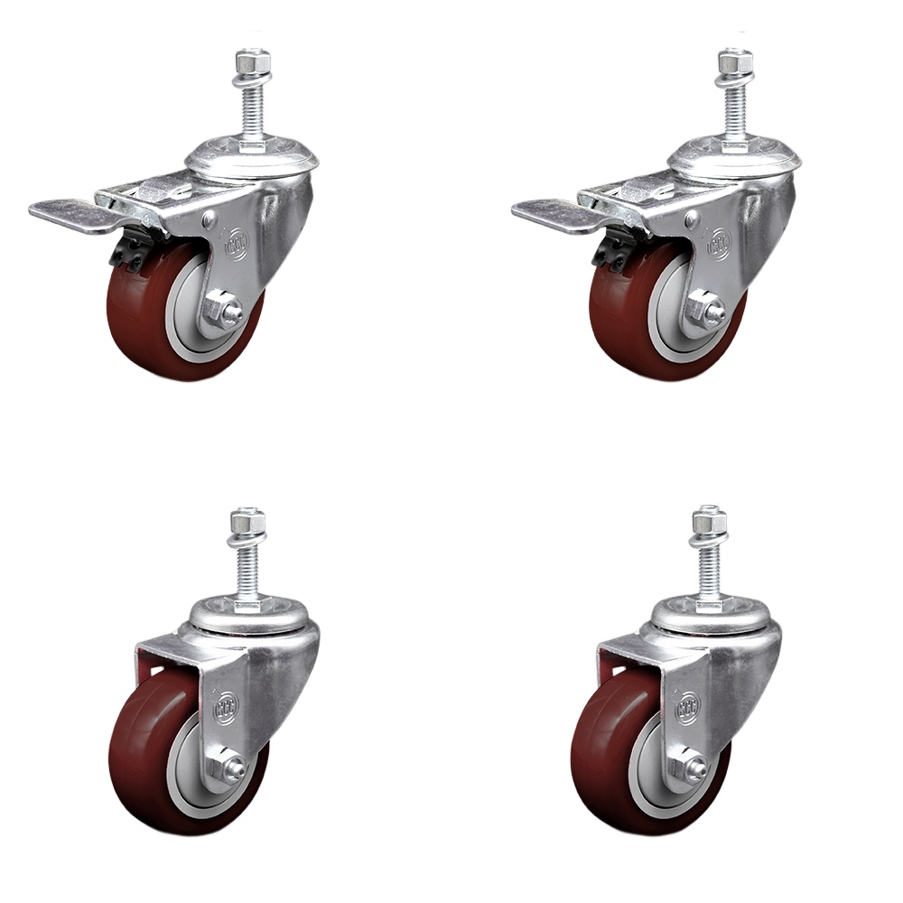 Stainless Steel Polyurethane Swivel Threaded Stem Caster with 3.5 x 1.25 in. Maroon Wheels & 0.38 in. Stems - Set of 4