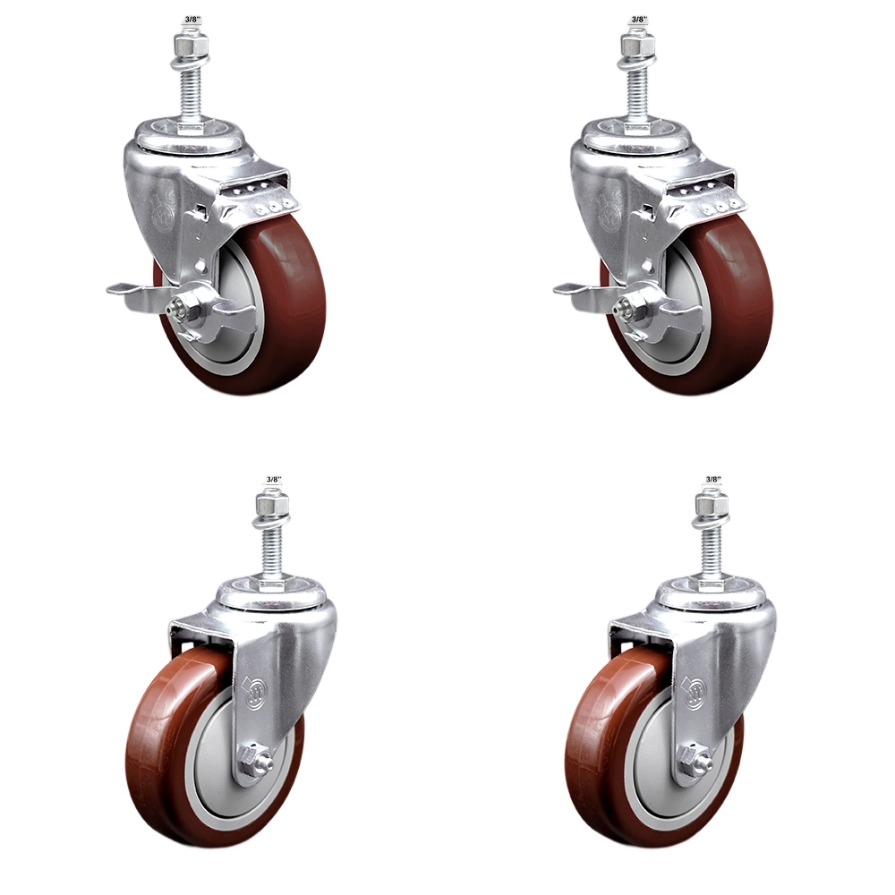 Stainless Steel Polyurethane Swivel Threaded Stem Caster with 4 x 1.25 in. Maroon Wheels & 0.38 in. Stems - Set of 4