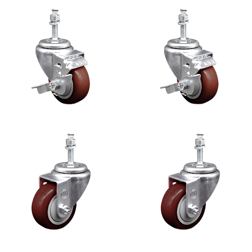 Stainless Steel Polyurethane Swivel Threaded Stem Caster with 3 x 1.25 in. Maroon Wheels & 10 mm Stems - Set of 4