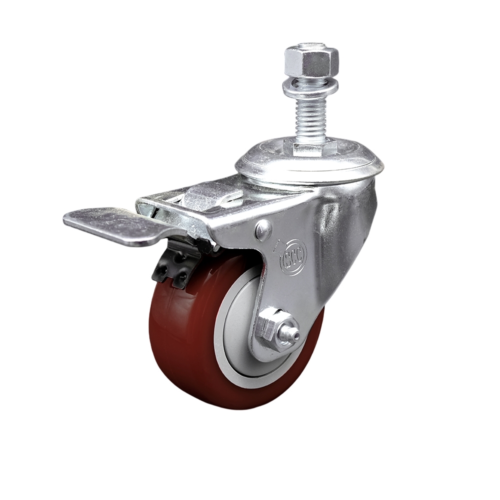 Stainless Steel Polyurethane Swivel Threaded Stem Caster with 3 x 1.25 in. Maroon Wheel & 12 mm Stem & Total Locking Brake