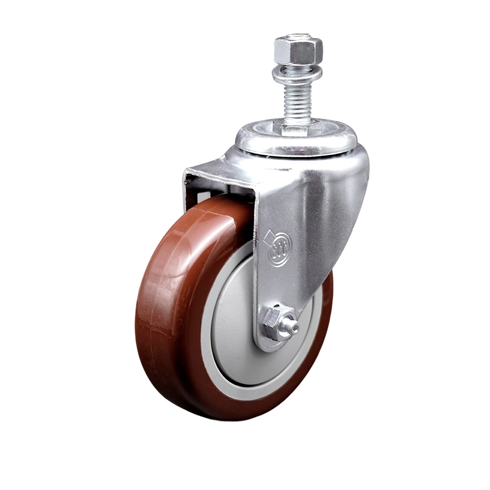 SCC-SSTS20S414-PPUB-MRN-M1215 Stainless Steel Polyurethane Swivel Threaded Stem Caster with 4 x 1.25 in. Maroon Wheel & 12 mm Stem