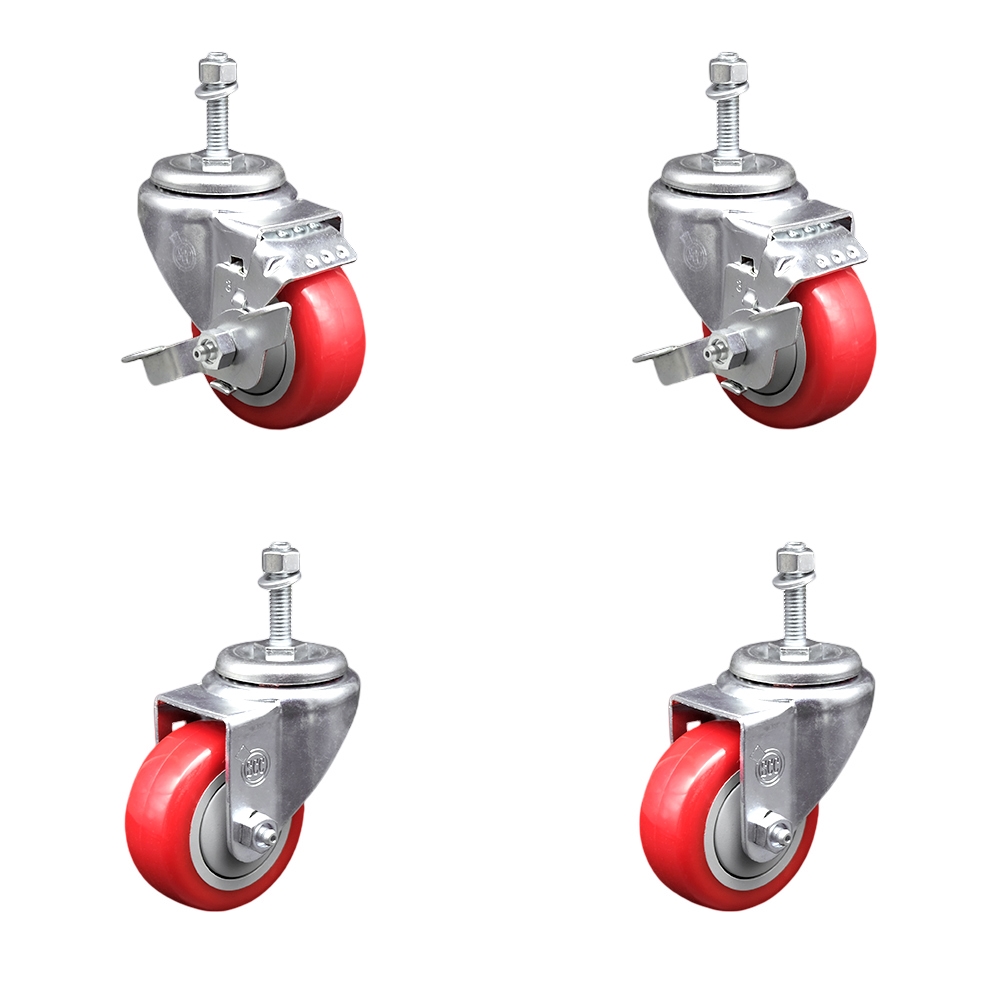 SCC-TS20S314-PPUB-RED-TLB-M1015-2-S-2 Polyurethane Swivel Threaded Stem Caster with 3 x 1.25 in. Red Wheels & 10 mm Stems - Set of 4