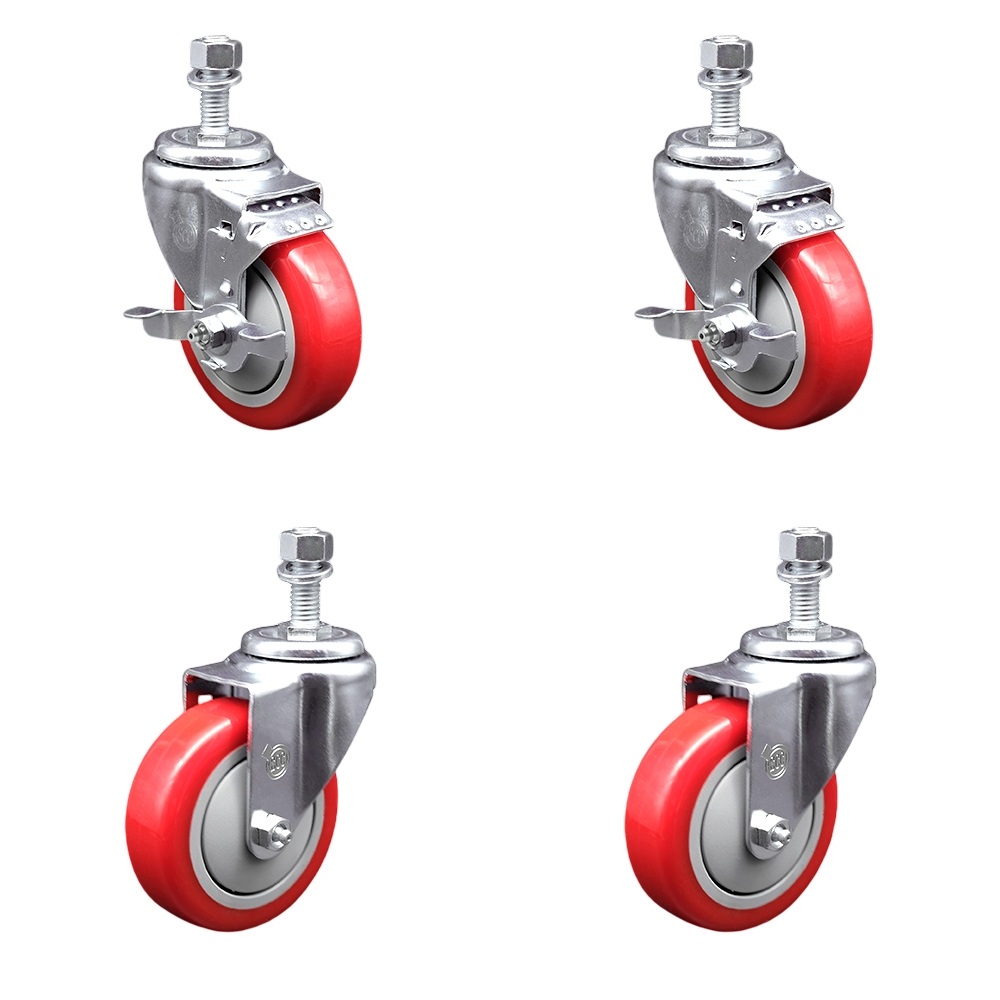 SCC-TS20S414-PPUB-RED-TLB-M1215-2-S-2 Polyurethane Swivel Threaded Stem Caster with 4 x 1.25 in. Red Wheels & 12 mm Stems - Set of 4