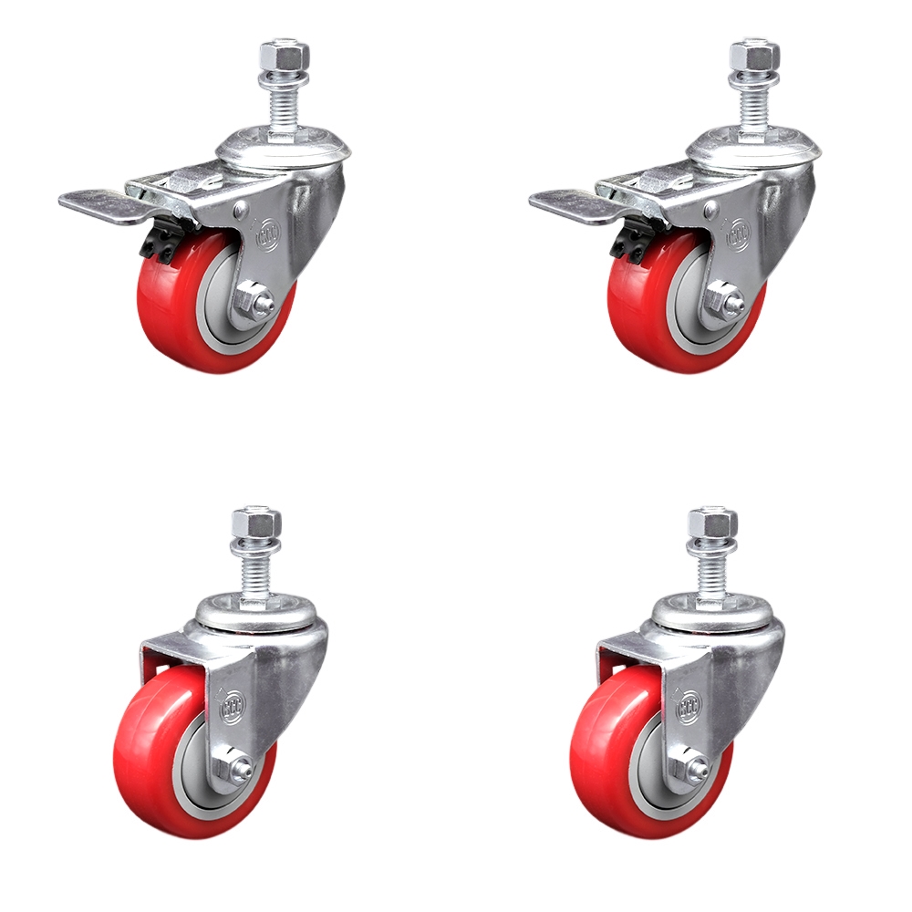 Stainless Steel Polyurethane Swivel Threaded Stem Caster with 3.5 x 1.25 in. Red Wheels & 12 mm Stems - Set of 4