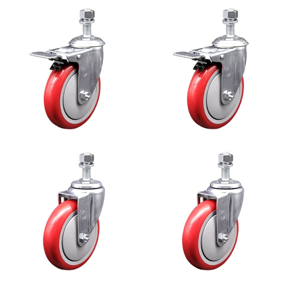 SCC-SSTSTTL20S514-PPUB-RED-M1215-2-S-2 Stainless Steel Polyurethane Swivel Threaded Stem Caster with 5 x 1.25 in. Red Wheels & 12 mm Stems - Set of 4