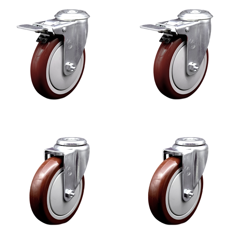 SCC-SSBHTTL20S514-PPUB-MRN-2-S-2 Stainless Steel Polyurethane Swivel Bolt Hole Caster with 5 x 1.25 in. Maroon Wheels - Set of 4