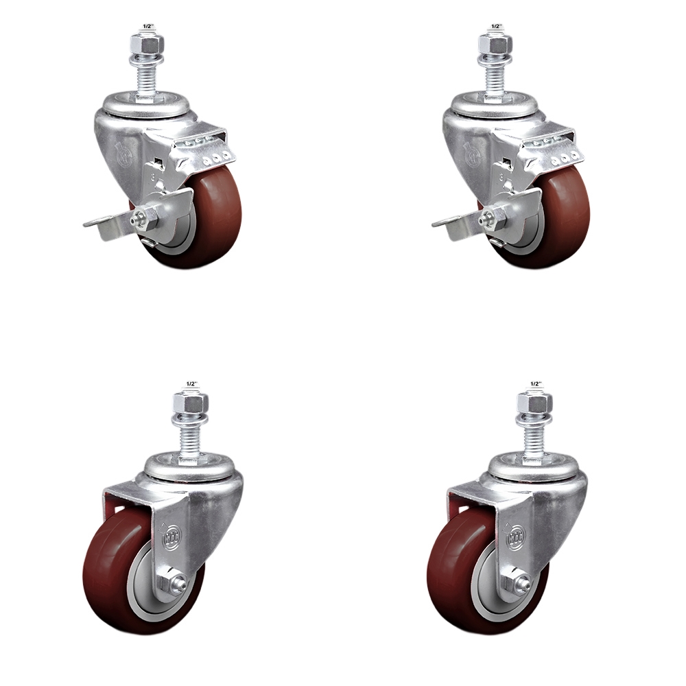 Stainless Steel Polyurethane Swivel Threaded Stem Caster with 3 x 1.25 in. Maroon Wheels & 0.5 in. Stems - Set of 4