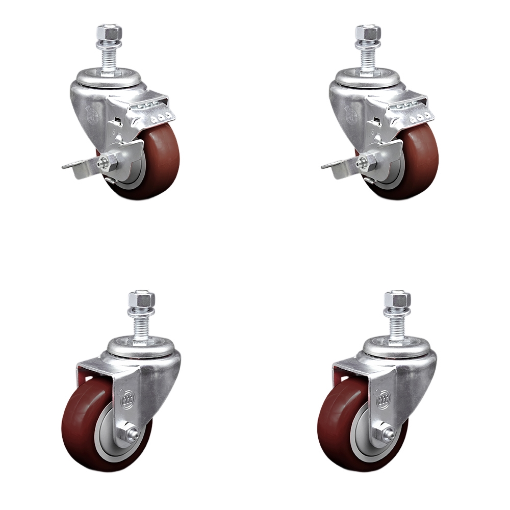 Stainless Steel Polyurethane Swivel Threaded Stem Caster with 3.5 x 1.25 in. Maroon Wheels & 0.5 in. Stems - Set of 4