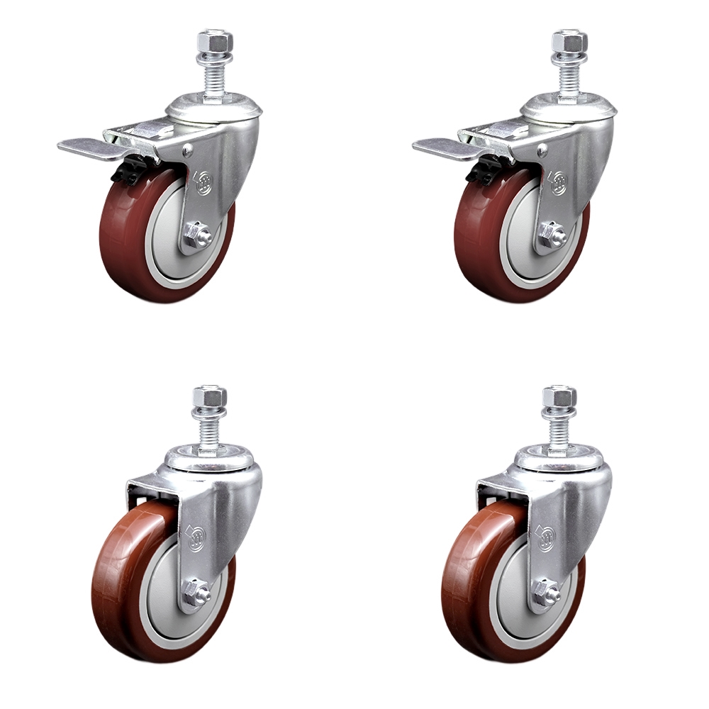 Stainless Steel Polyurethane Swivel Threaded Stem Caster with 4 x 1.25 in. Maroon Wheels & 0.5 in. Stems - Set of 4