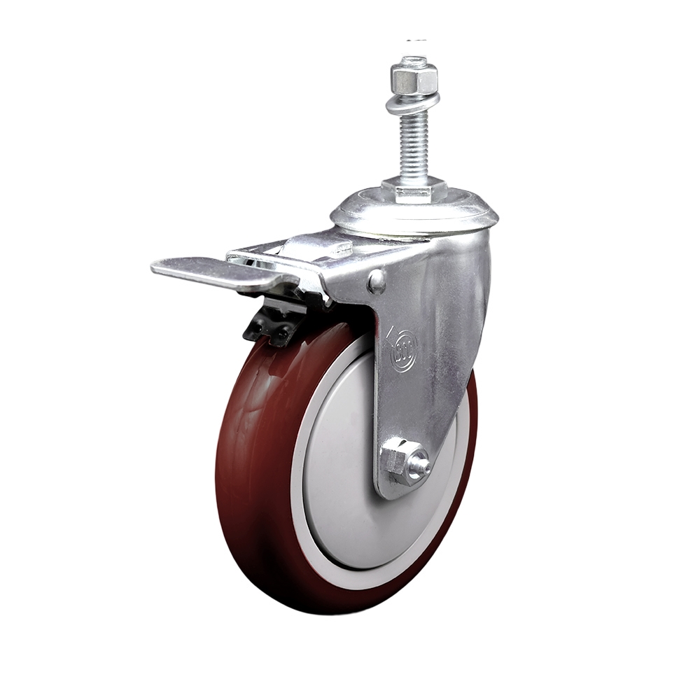 Stainless Steel Polyurethane Swivel Threaded Stem Caster with 5 x 1.25 in. Maroon Wheel & 0.38 in. Stem & Total Locking Brake