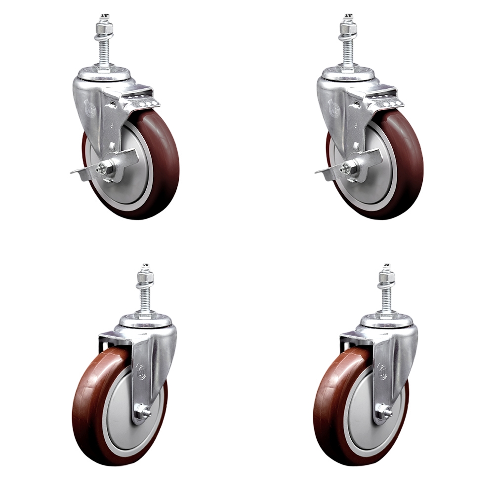 Stainless Steel Polyurethane Swivel Threaded Stem Caster with 5 x 1.25 in. Maroon Wheels & 0.38 in. Stems - Set of 4