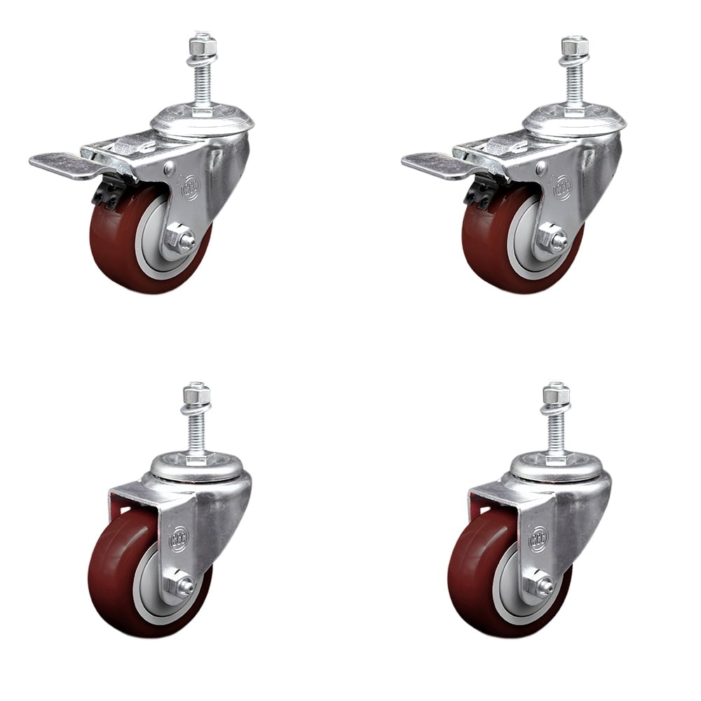 Stainless Steel Polyurethane Swivel Threaded Stem Caster with 3.5 x 1.25 in. Maroon Wheels & 10 mm Stems - Set of 4