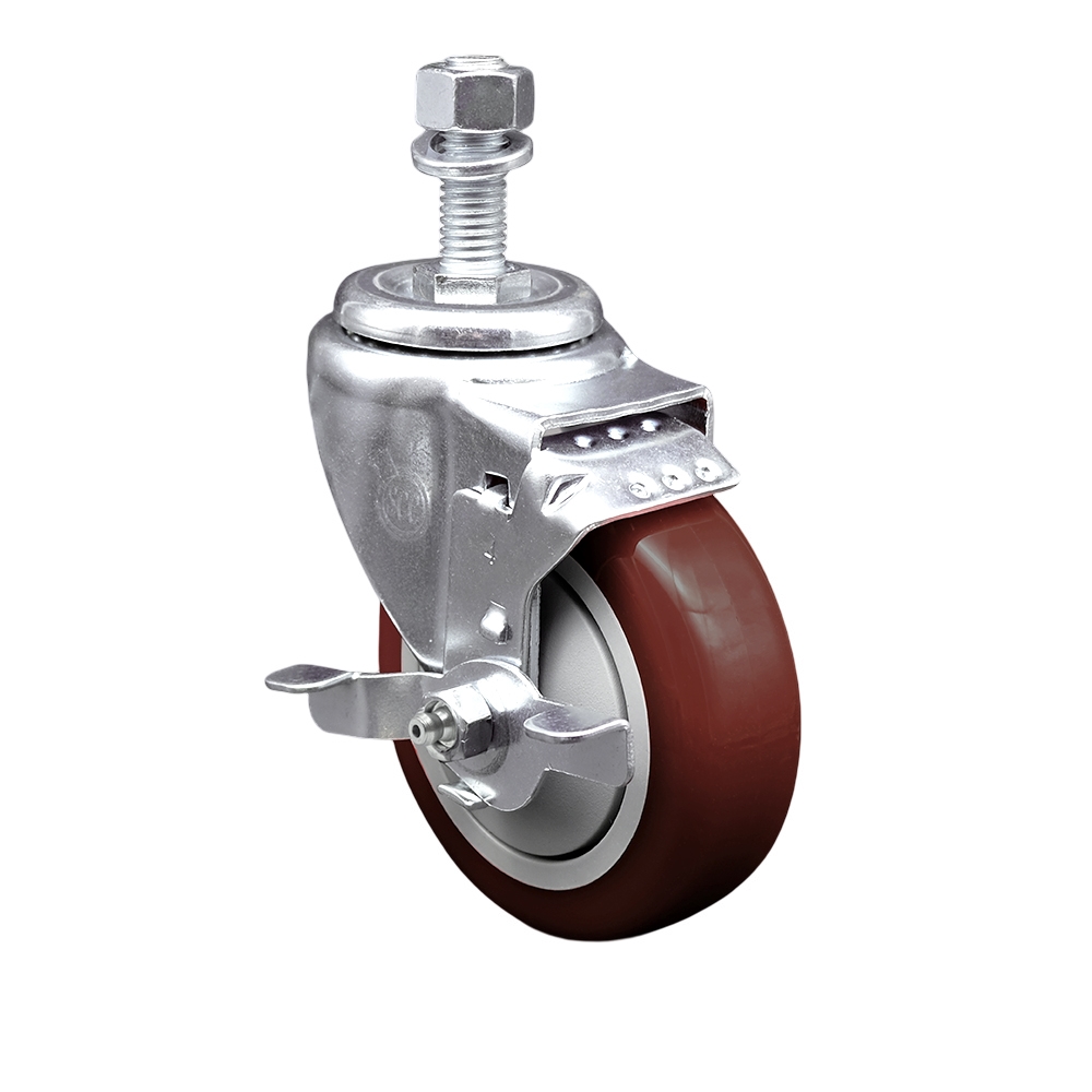Stainless Steel Polyurethane Swivel Threaded Stem Caster with 4 x 1.25 in. Maroon Wheel & 12 mm Stem & Top Locking Brake