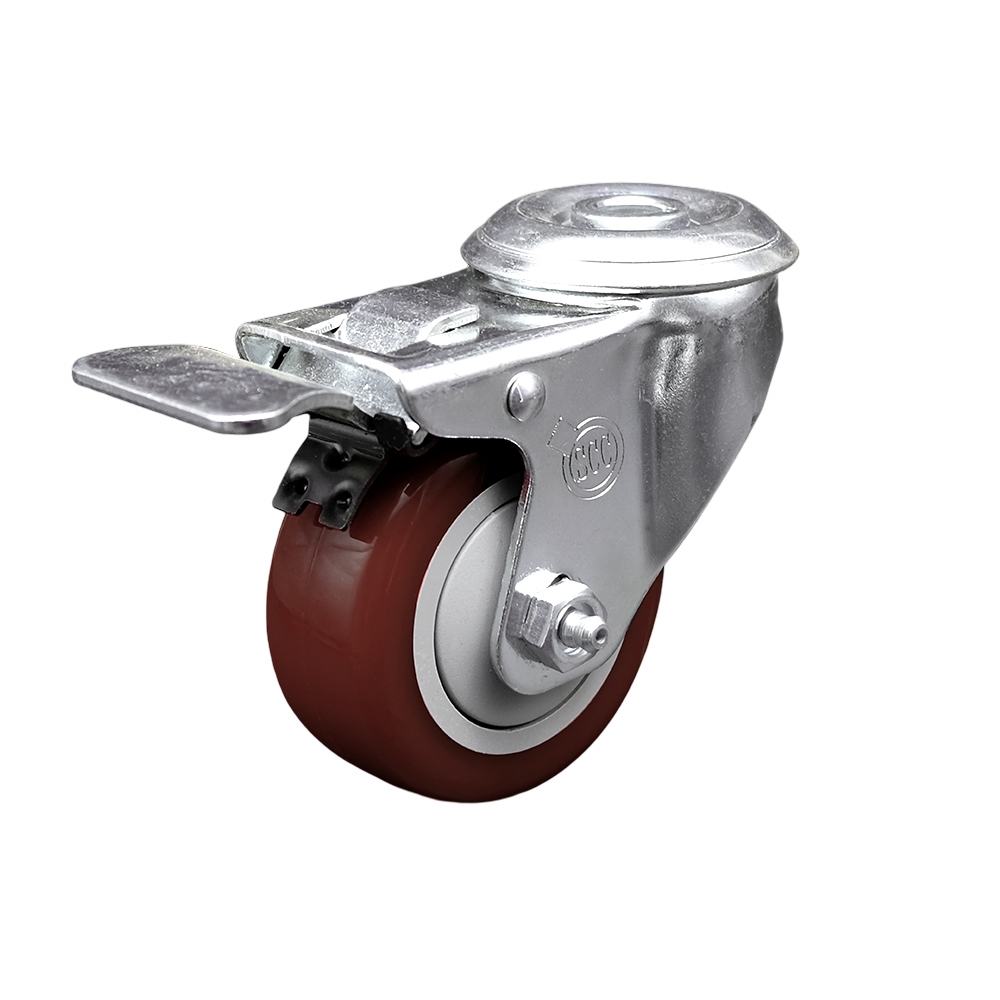 SCC-SSBHTTL20S314-PPUB-MRN Stainless Steel Polyurethane Swivel Bolt Hole Caster with 3 x 1.25 in. Maroon Wheel & Total Locking Brake