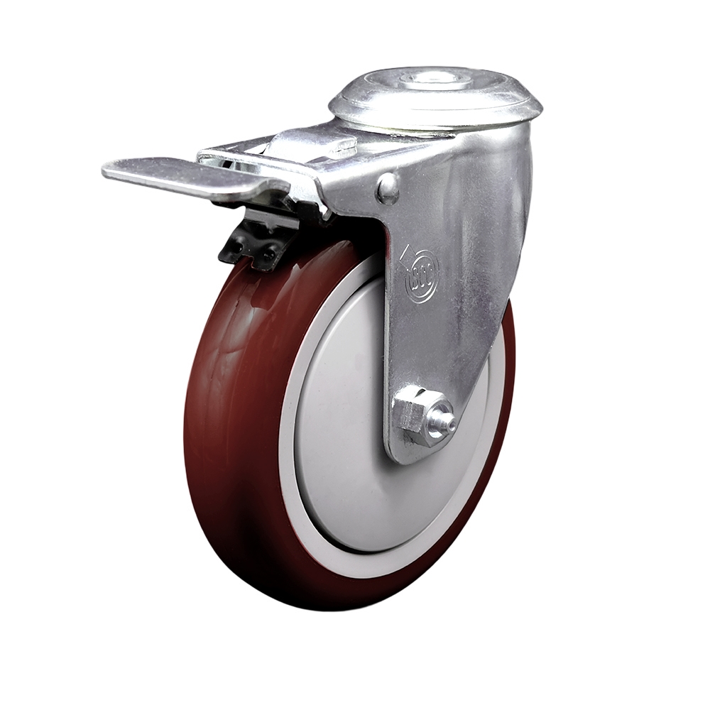 SCC-SSBHTTL20S514-PPUB-MRN Stainless Steel Polyurethane Swivel Bolt Hole Caster with 5 x 1.25 in. Maroon Wheel & Total Locking Brake