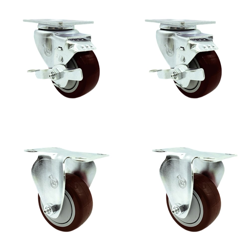 SCC-SS20S314-PPUB-MRN-TLB-2-R314-2 Stainless Steel Polyurethane Swivel Top Plate Caster with 3 x 1.25 in. Maroon Wheels - Set of 4
