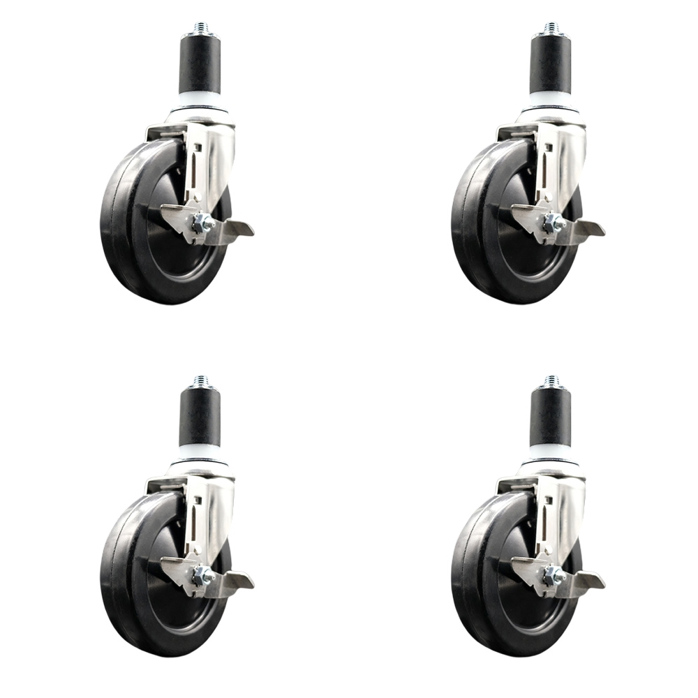 Hard Rubber Swivel Stem Caster with 5 in. Caster Wheels, 1.5 in. Expanding Stems - 316 Stainless Steel Casters - Set of 4