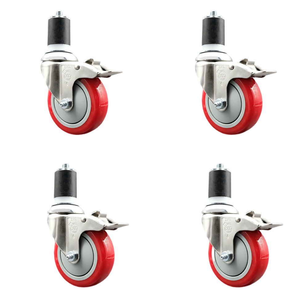 Polyurethane Swivel Stem Caster with 4 in. Red Caster Wheels, 1.87 in. Expanding Stems - 316 Stainless Steel Casters - Set of 4