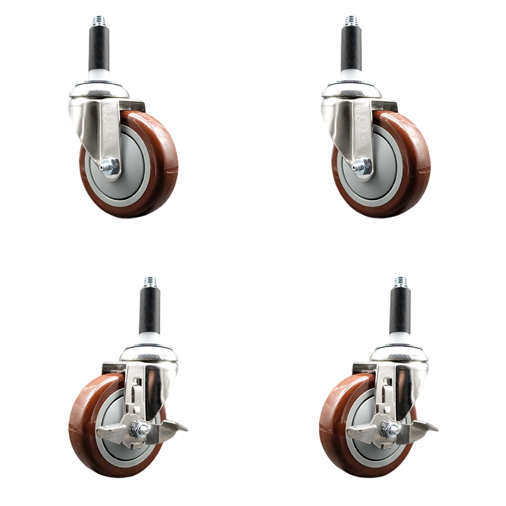 Polyurethane Swivel Stem Caster with 4 in. Maroon Caster Wheels, 0.75 in. Expanding Stems - 316 Stainless Steel Casters - Set of 4
