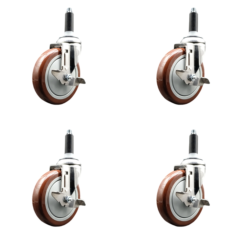 Polyurethane Swivel Stem Caster with 5 in. Maroon Caster Wheels, 0.75 in. Expanding Stems - 316 Stainless Steel Casters - Set of 4