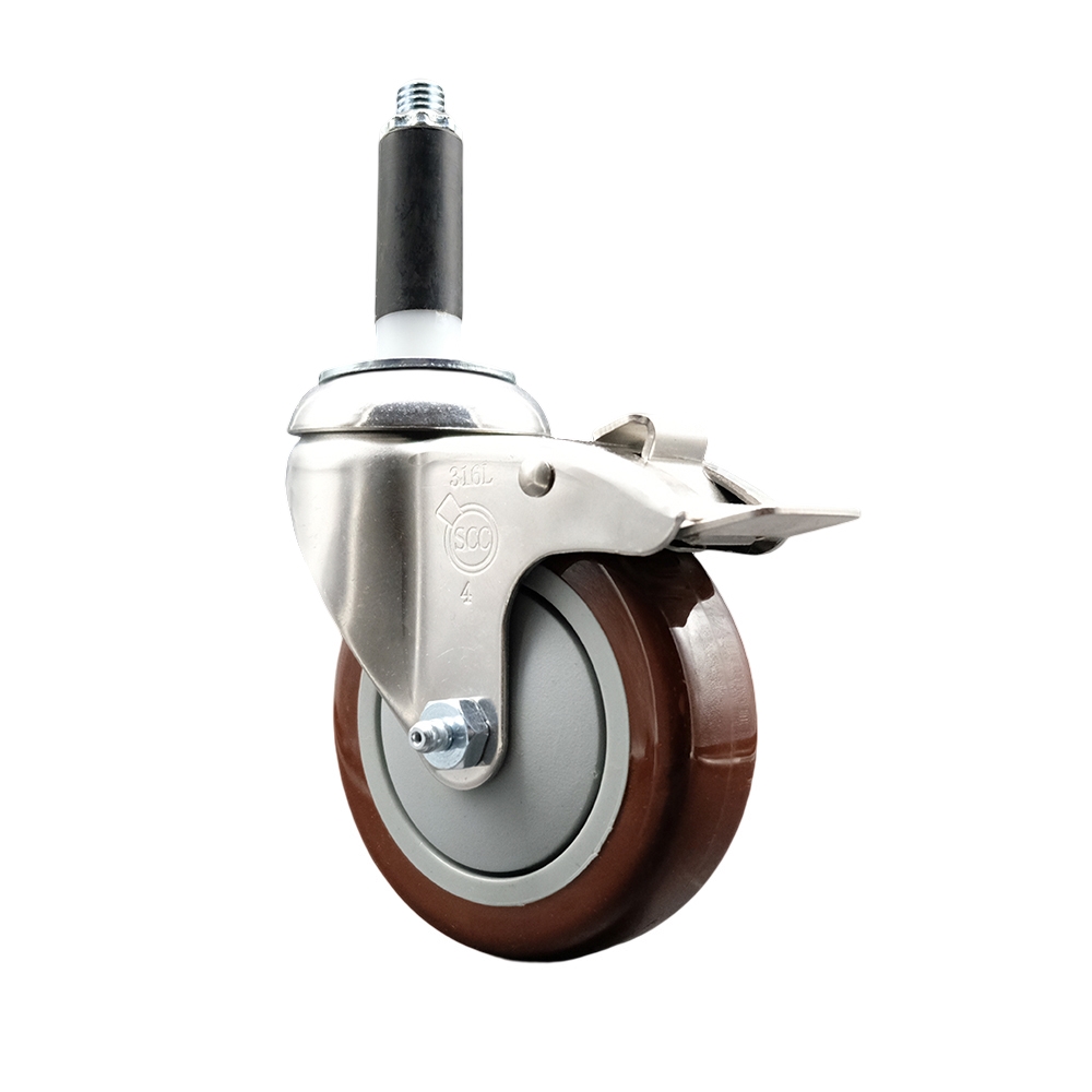 Polyurethane Swivel Stem Caster with 4 in. Maroon Caster Wheels & Total Lock Brake, 0.87 in. Expanding Stem - 316 Stainless Steel Caster