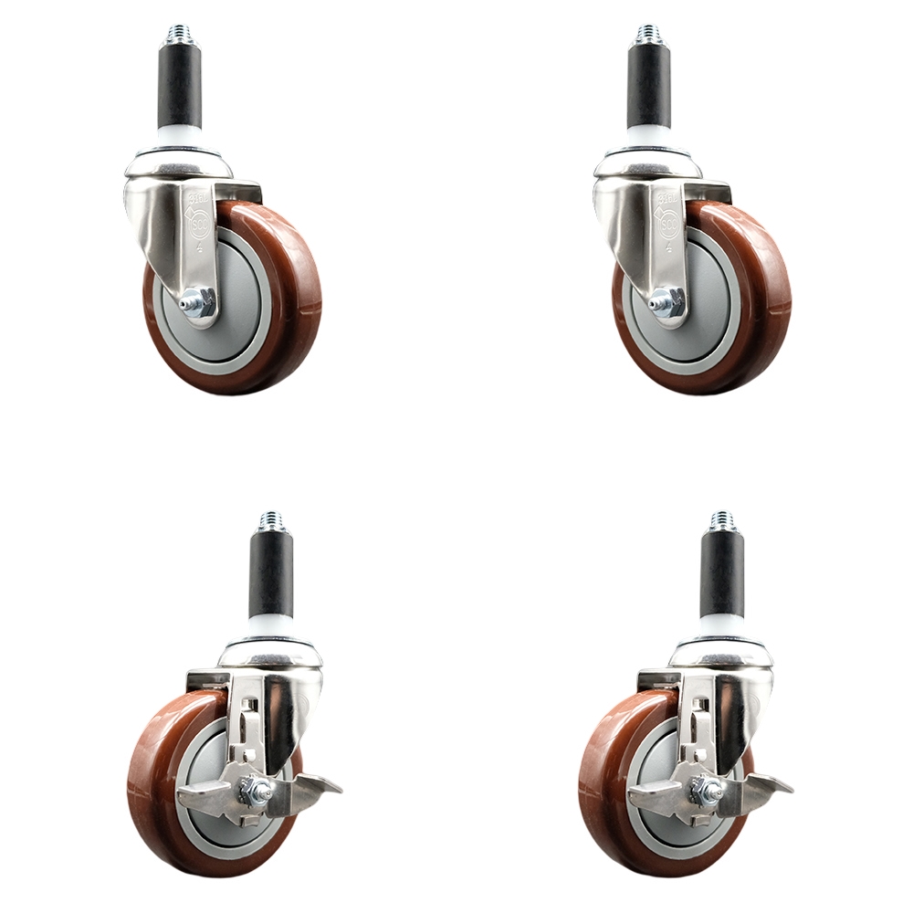 Polyurethane Swivel Stem Caster with 4 in. Maroon Caster Wheels, 1 in. Expanding Stems - 316 Stainless Steel Casters - Set of 4