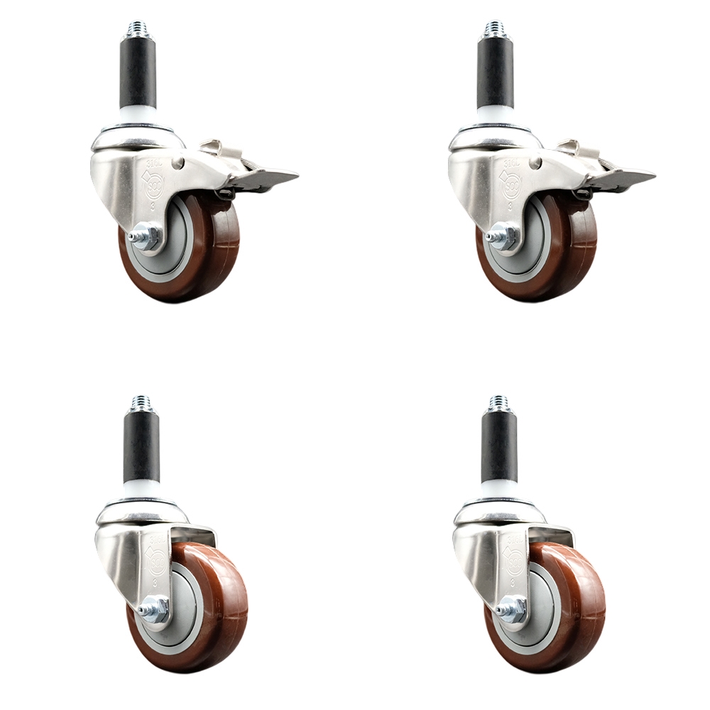 Polyurethane Swivel Stem Caster with 3.5 in. Maroon Caster Wheels1.13 in. Expanding Stem - 316 Stainless Steel Casters - Set of 4
