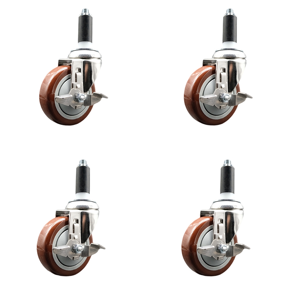 Polyurethane Swivel Stem Caster with 4 in. Maroon Caster Wheels, 1.13 in. Expanding Stems - 316 Stainless Steel Casters - Set of 4
