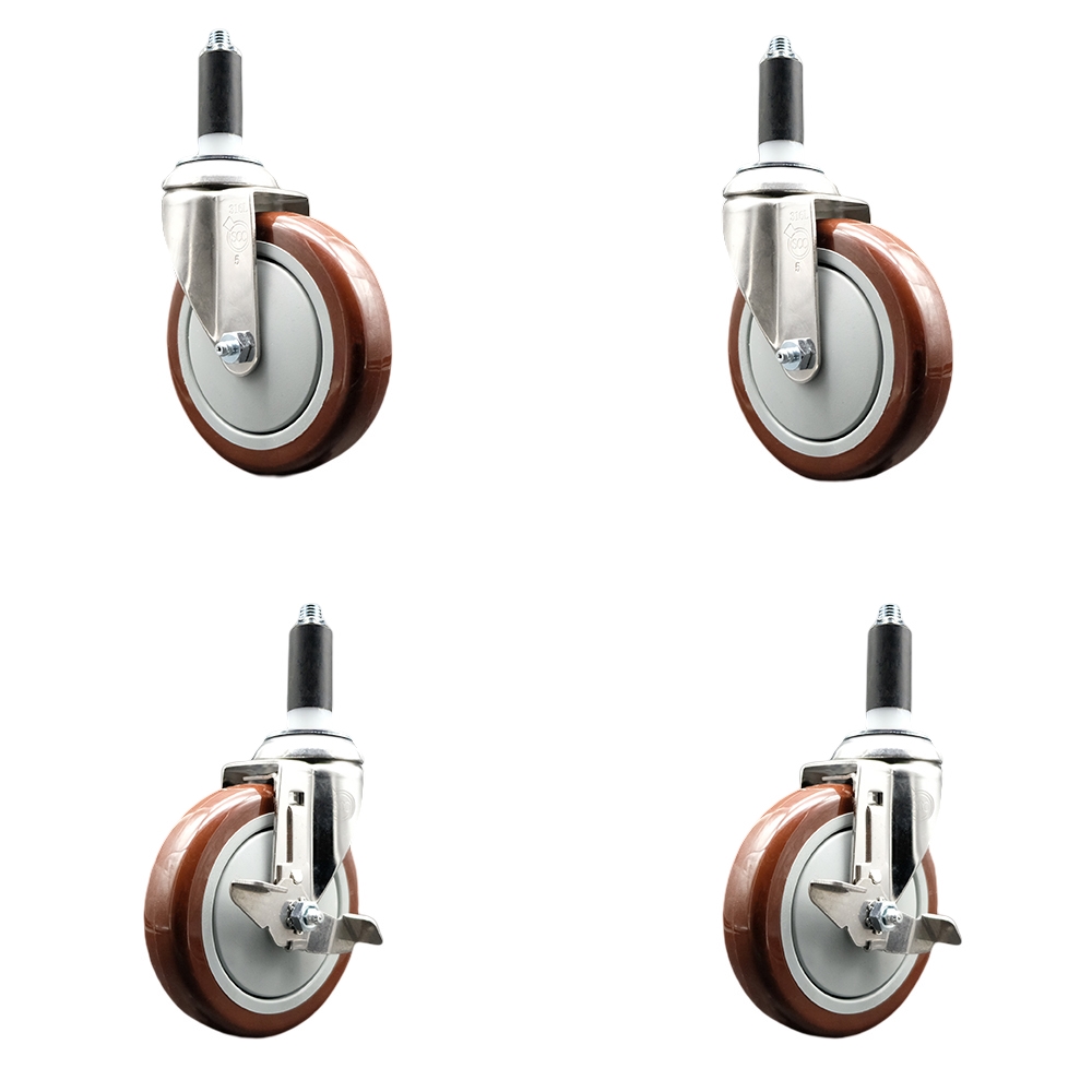 Polyurethane Swivel Stem Caster with 5 in. Maroon Caster Wheels, 1.13 in. Expanding Stems - 316 Stainless Steel Casters - Set of 4