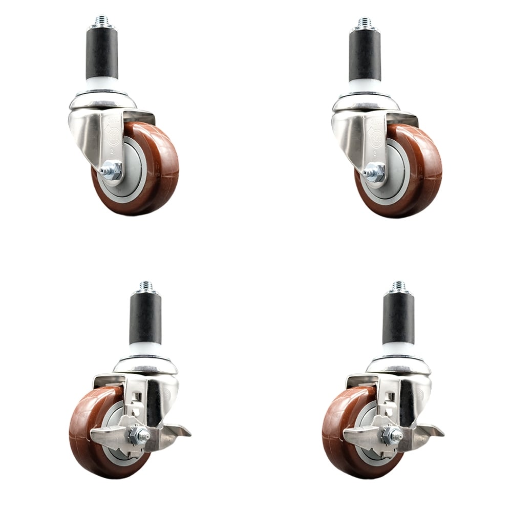Polyurethane Swivel Stem Caster with 3.5 in. Maroon Caster Wheels, 1.38 in. Expanding Stem - 316 Stainless Steel Casters - Set of 4