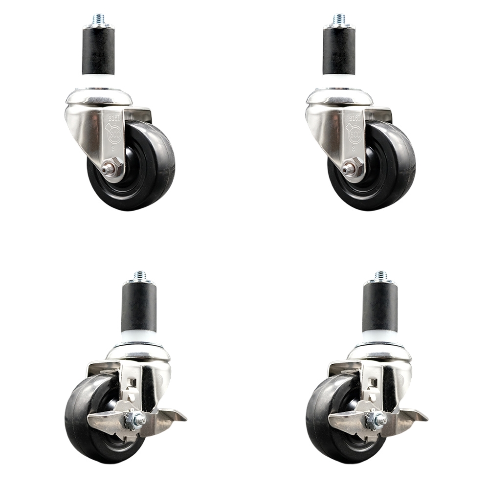 Hard Rubber Swivel Stem Caster with 3.5 in. Caster Wheels, 1.63 in. Expanding Stems - 316 Stainless Steel Casters - Set of 4