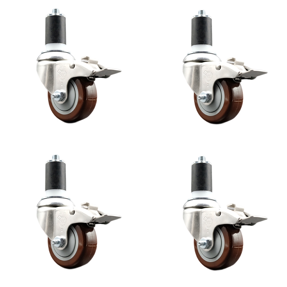 Polyurethane Swivel Stem Caster with 3.5 in. Maroon Caster Wheels, 1.5 in. Expanding Stems - 316 Stainless Steel Casters - Set of 4