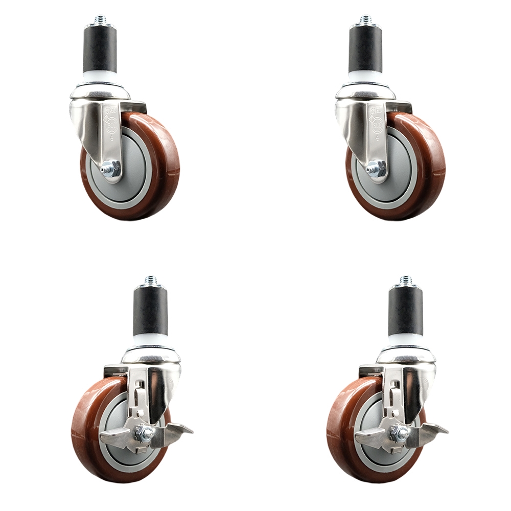 Polyurethane Swivel Stem Caster with 4 in. Maroon Caster Wheels, 1.5 in. Expanding Stems - 316 Stainless Steel Casters - Set of 4