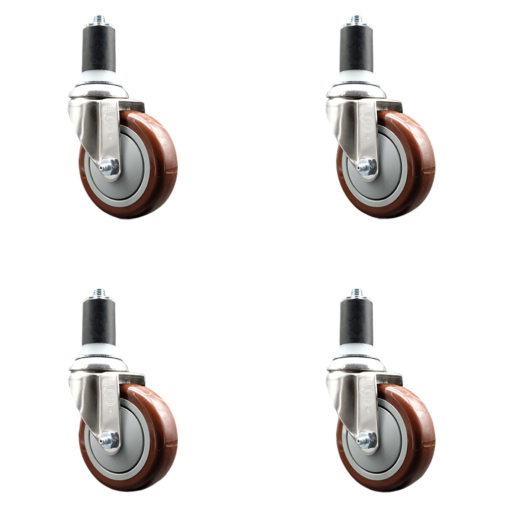 Polyurethane Swivel Stem Caster with 4 in. Maroon Caster Wheels, 1.63 in. Expanding Stems - 316 Stainless Steel Casters - Set of 4