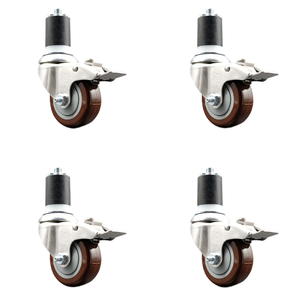 Polyurethane Swivel Stem Caster with 3.5 in. Maroon Caster Wheels, 1.75 in. Expanding Stems - 316 Stainless Steel Casters - Set of 4