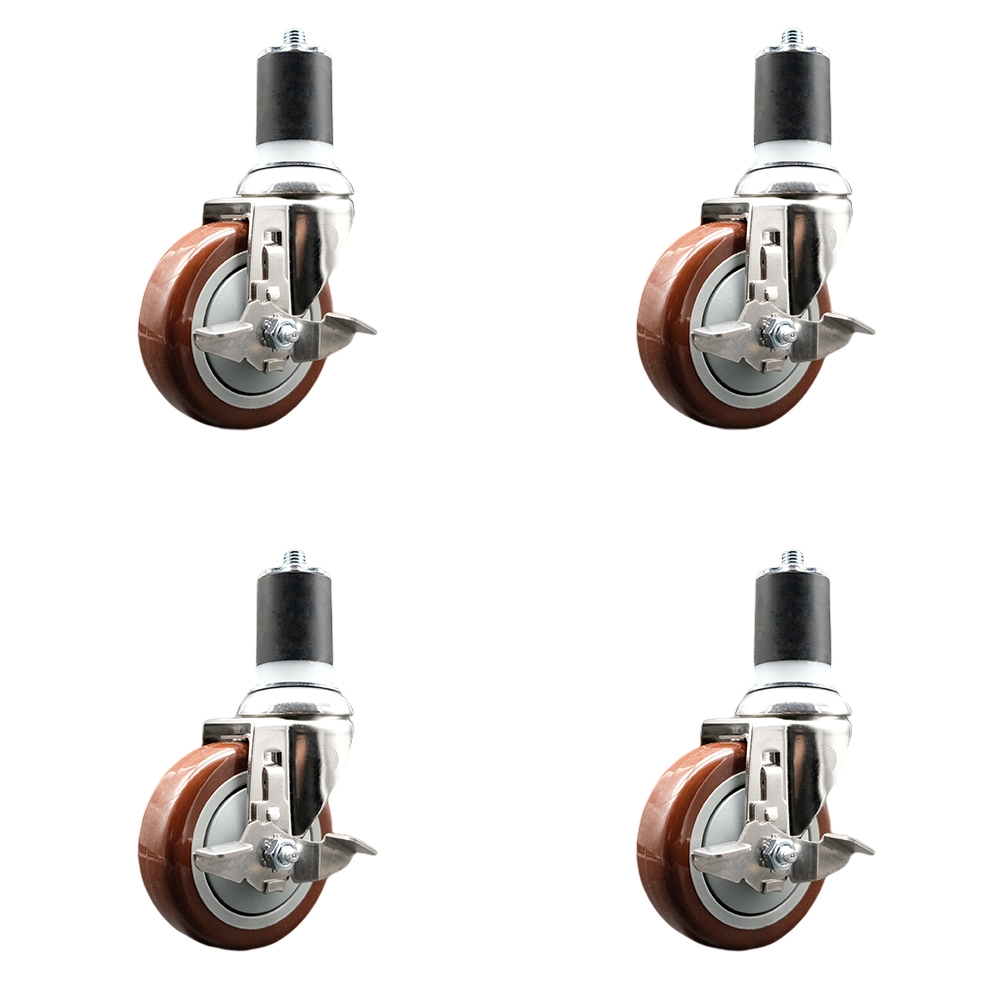 Polyurethane Swivel Stem Caster with 4 in. Maroon Caster Wheels, 1.75 in. Expanding Stems - 316 Stainless Steel Casters - Set of 4