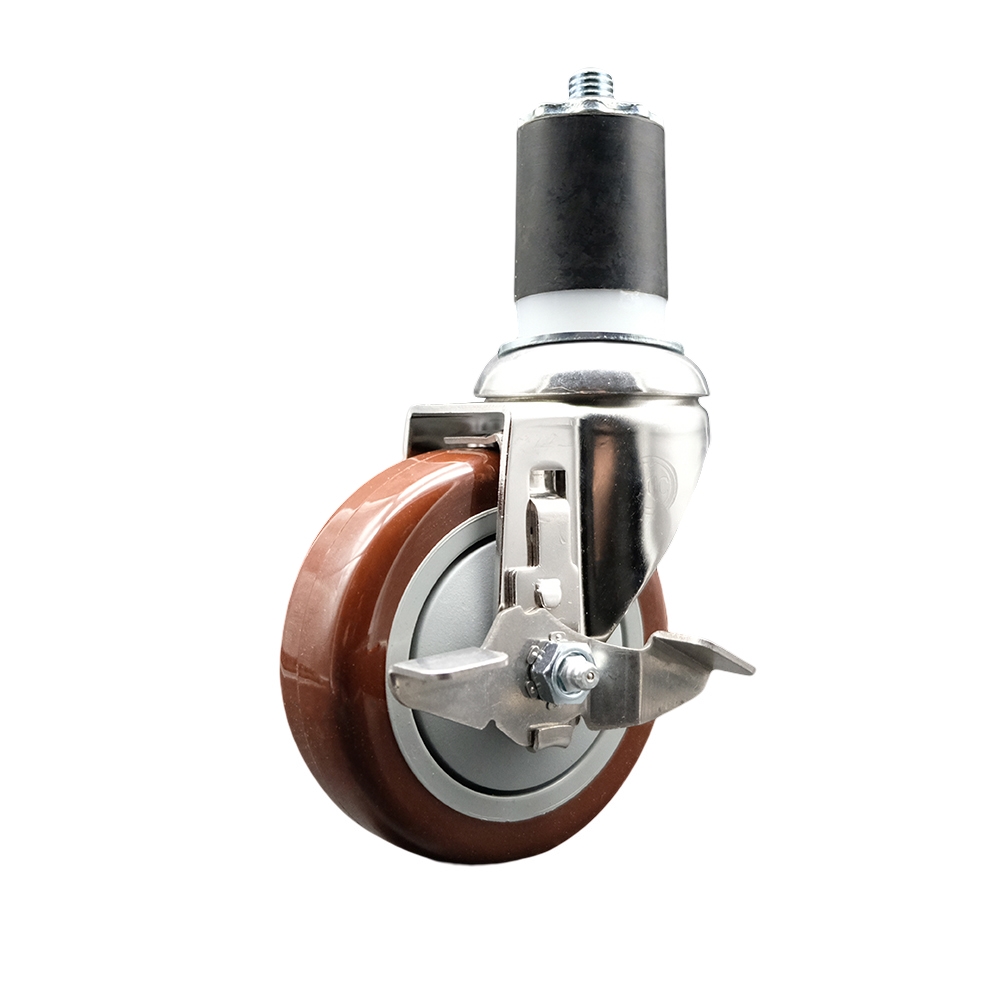 Polyurethane Swivel Stem Caster with 4 in. Maroon Caster Wheels & Top Lock Brake, 1.87 in. Expanding Stem - 316 Stainless Steel Caster