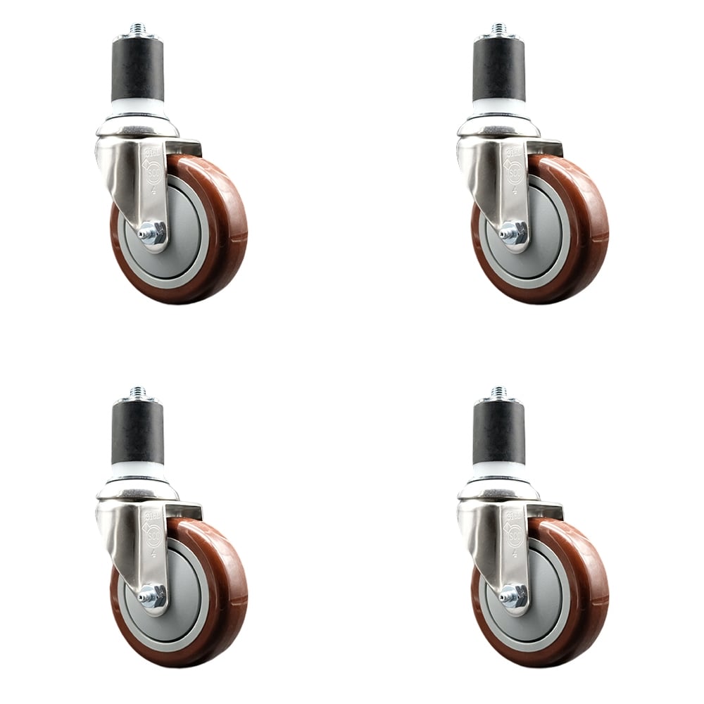 Polyurethane Swivel Stem Caster with 4 in. Maroon Caster Wheels, 1.87 in. Expanding Stems - 316 Stainless Steel Casters - Set of 4