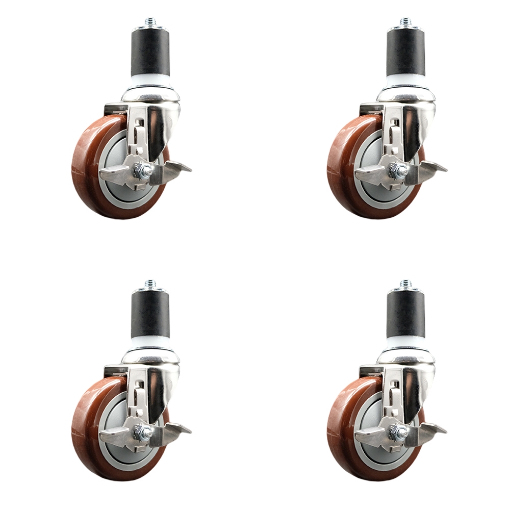 Polyurethane Swivel Stem Caster with 4 in. Maroon Caster Wheels, 1.87 in. Expanding Stems - 316 Stainless Steel Casters - Set of 4