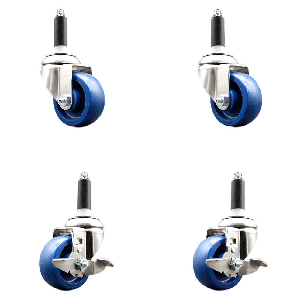 Solid Poly Swivel Stem Caster with 3 in. Blue Caster Wheels, 0.75 in. Expanding Stems - 316 Stainless Steel Casters - Set of 4