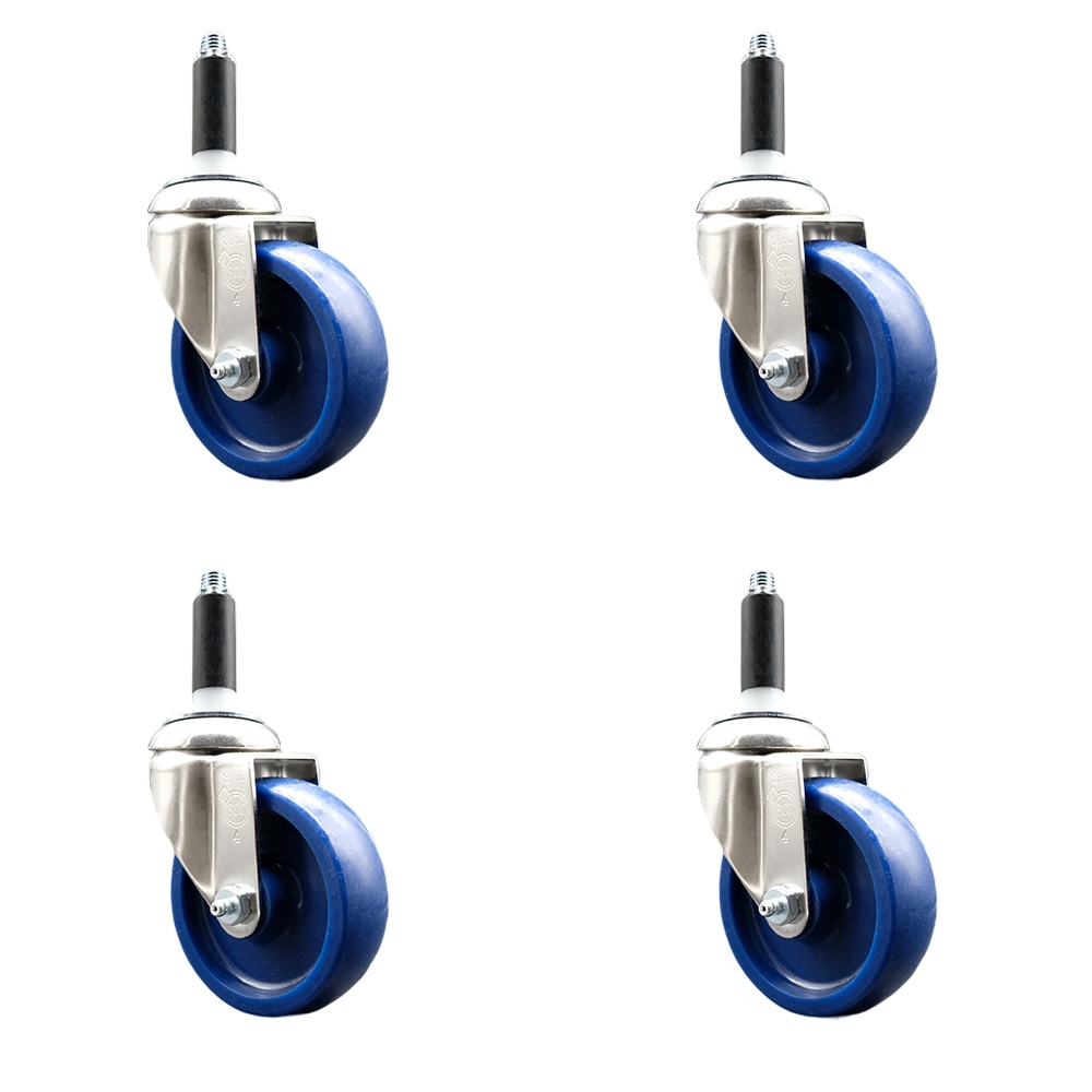 Solid Polyurethane Swivel Stem Caster with 4 in. Blue Caster Wheels, 0.75 in. Expanding Stems - 316 Stainless Steel Casters - Set of 4