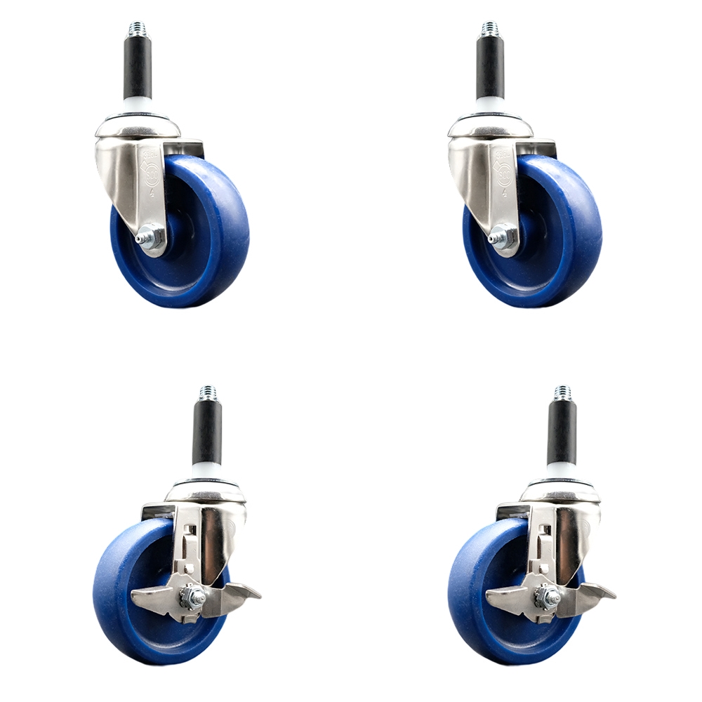 Solid Poly Swivel Stem Caster with 4 in. Blue Caster Wheels, 0.75 in. Expanding Stems - 316 Stainless Steel Casters - Set of 4