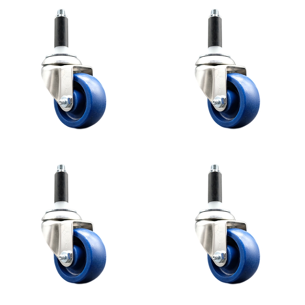 Solid Polyurethane Swivel Stem Caster with 3 in. Blue Caster Wheels, 0.87 in. Expanding Stems - 316 Stainless Steel Casters - Set of 4