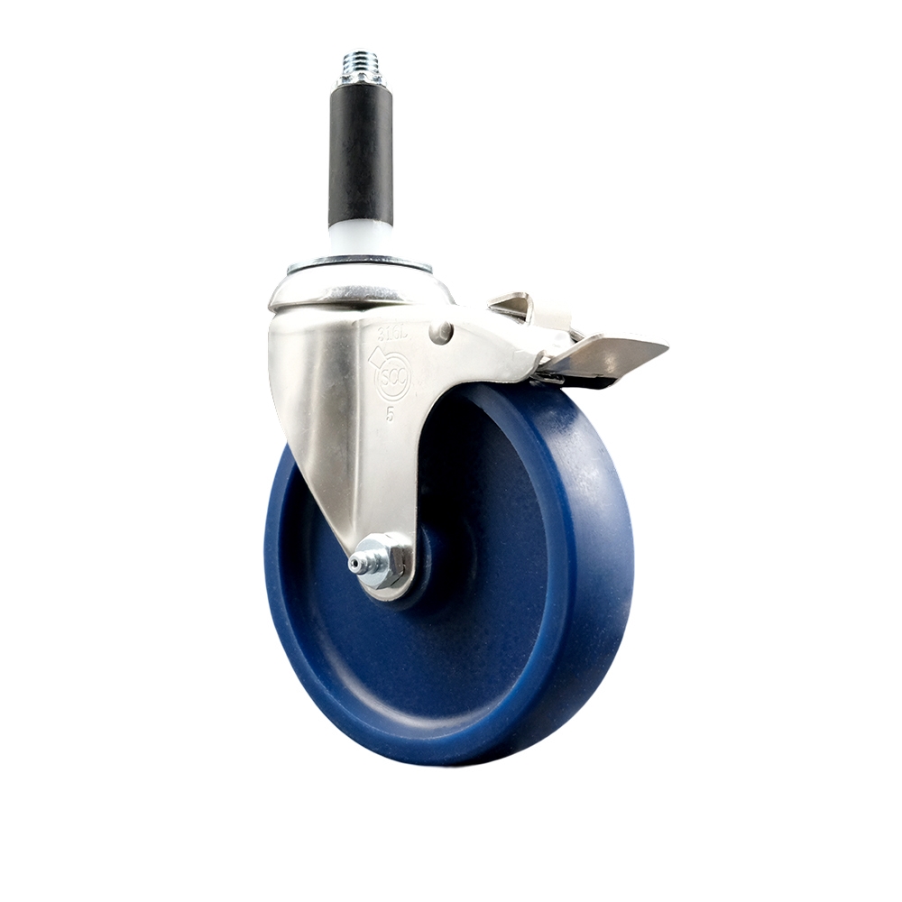Solid Polyurethane Swivel Stem Caster with 5 in. Blue Caster Wheels & Total Lock Brake, 0.87 in. Expanding Stem - 316 Stainless Steel Caster
