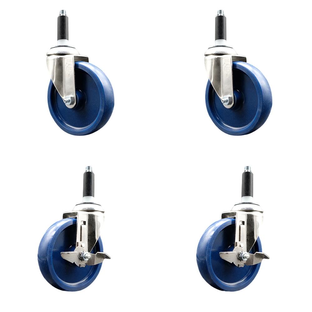 Solid Poly Swivel Stem Caster with 5 in. Blue Caster Wheels, 0.87 in. Expanding Stems - 316 Stainless Steel Casters - Set of 4
